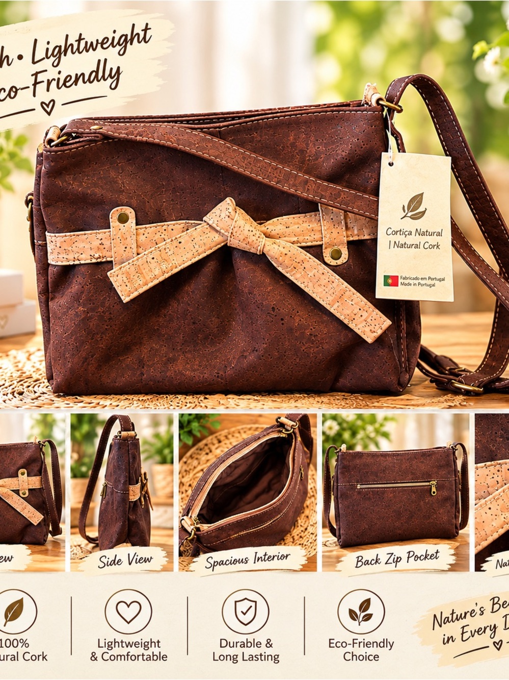 Brown Cork Crossbody Bag with Natural Cork Bow